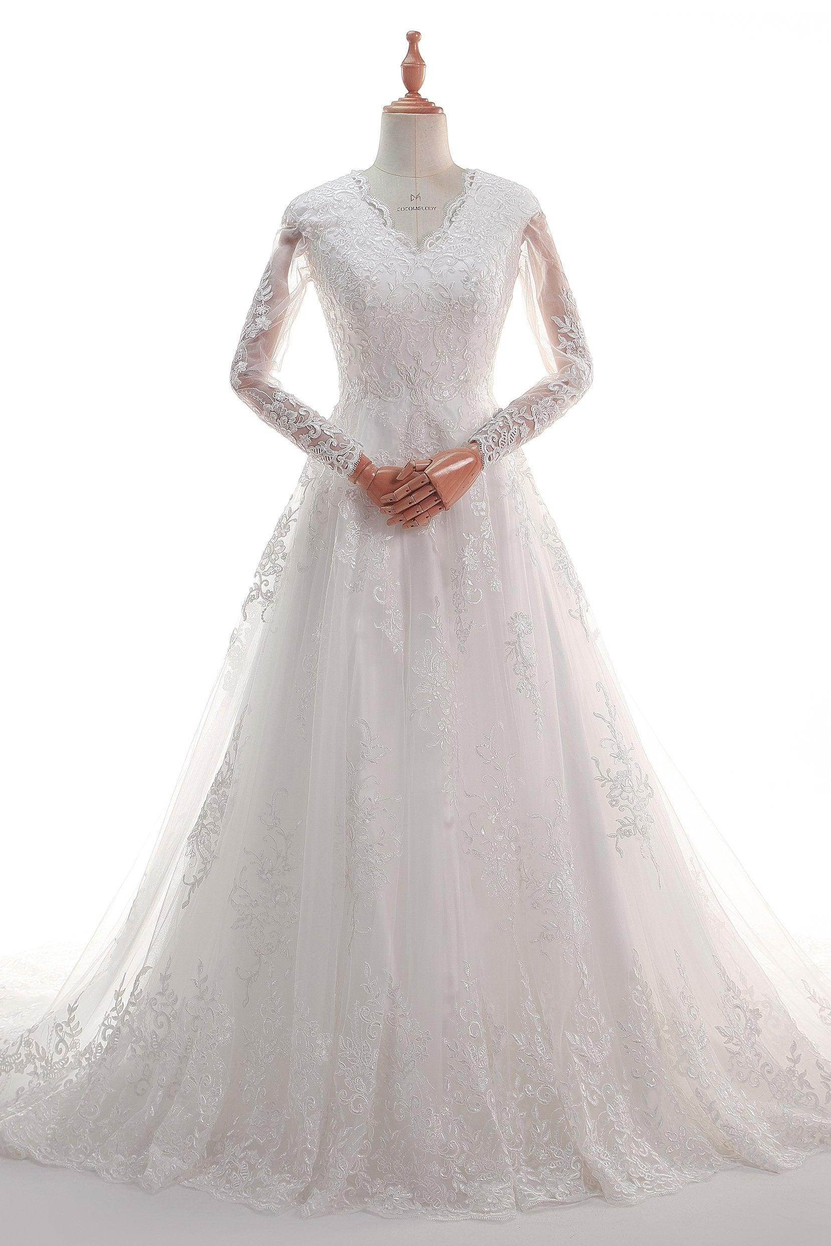 A-Line Court Train Satin Tulle Lace Wedding Dress CW2452 - COCOMELODY